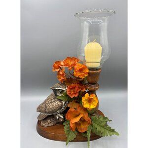 Vtg Ceramic Owl Glass Hurricane Shade Candle Holder Faux Floral Accents